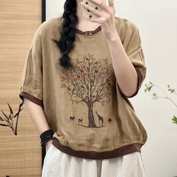 Women's short sleeve shirt Japan style vintage cotton linen tree printed t shirt large size tops chic women blouse loose tops