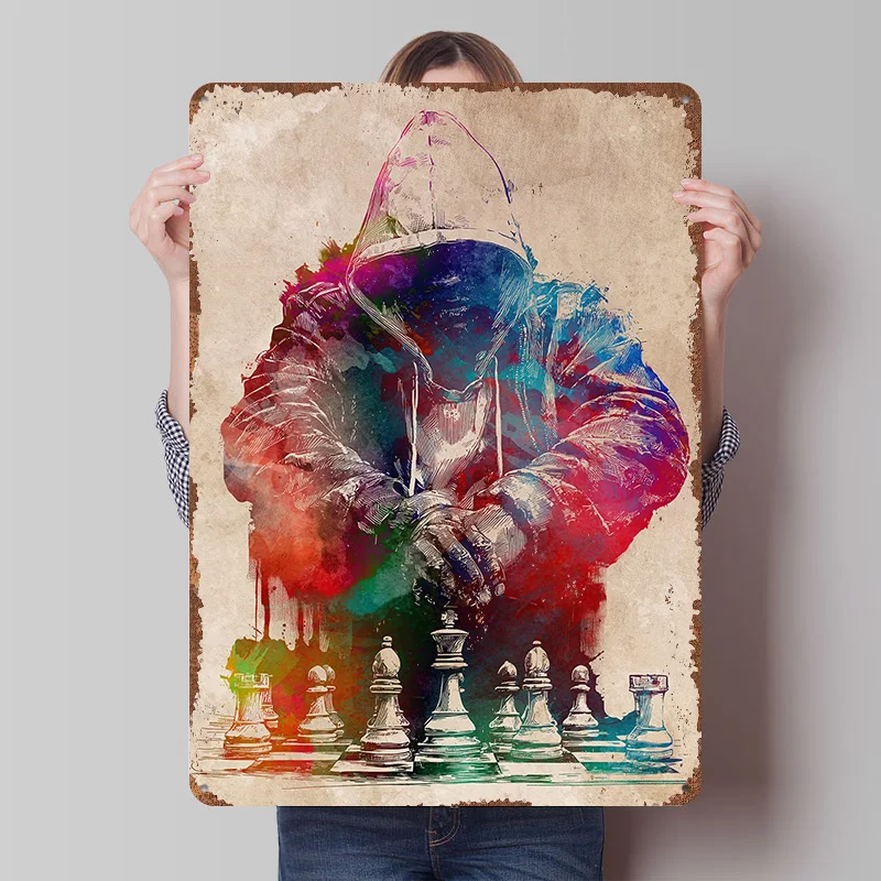 Chess Player Watercolor Art Printed Poster Customized Wall Art Retro Vintage Metal Tin Signs for Living Room Decorations House