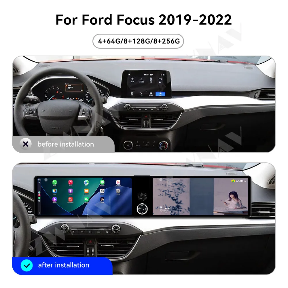 Wireless Carplay Dual 12.3 inch Touch Screen Android 13 For Ford Focus 2019-2022 GPS Navigation WIFI 4G BT FM AM Head Unit Auto