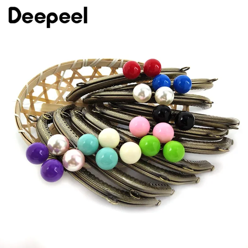 5Pcs Deepeel 16.5cm Colored Bead Metal Bag Handle DIY Handmade Sewing Brackets Kiss Clasp Purse Frame Handles for Making Bags