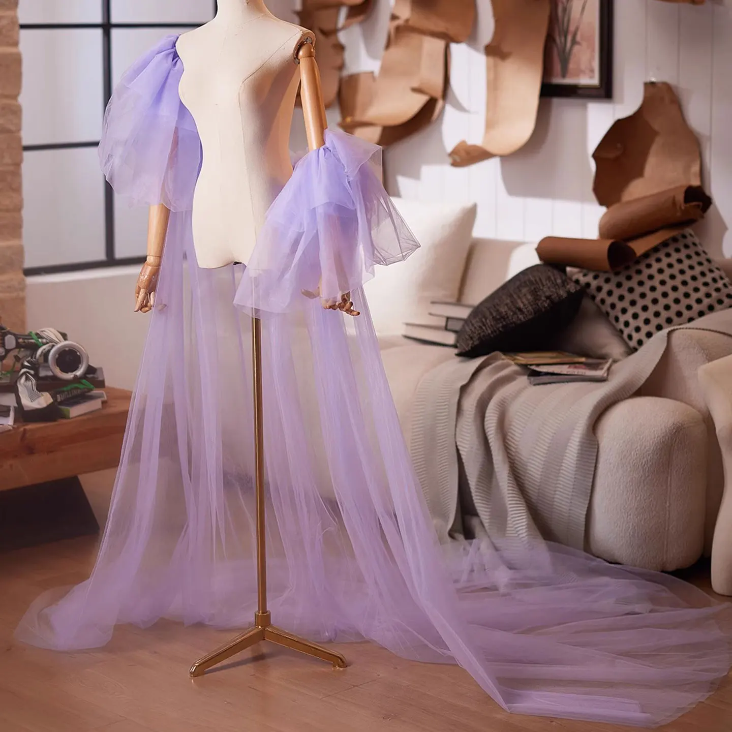 

Mingli Tengda фиолетовое женское вечернее платье ручной работы из тюля с хвостом, аксессуары на плечо, аксессуары для показа мод, свадебная шаль Super