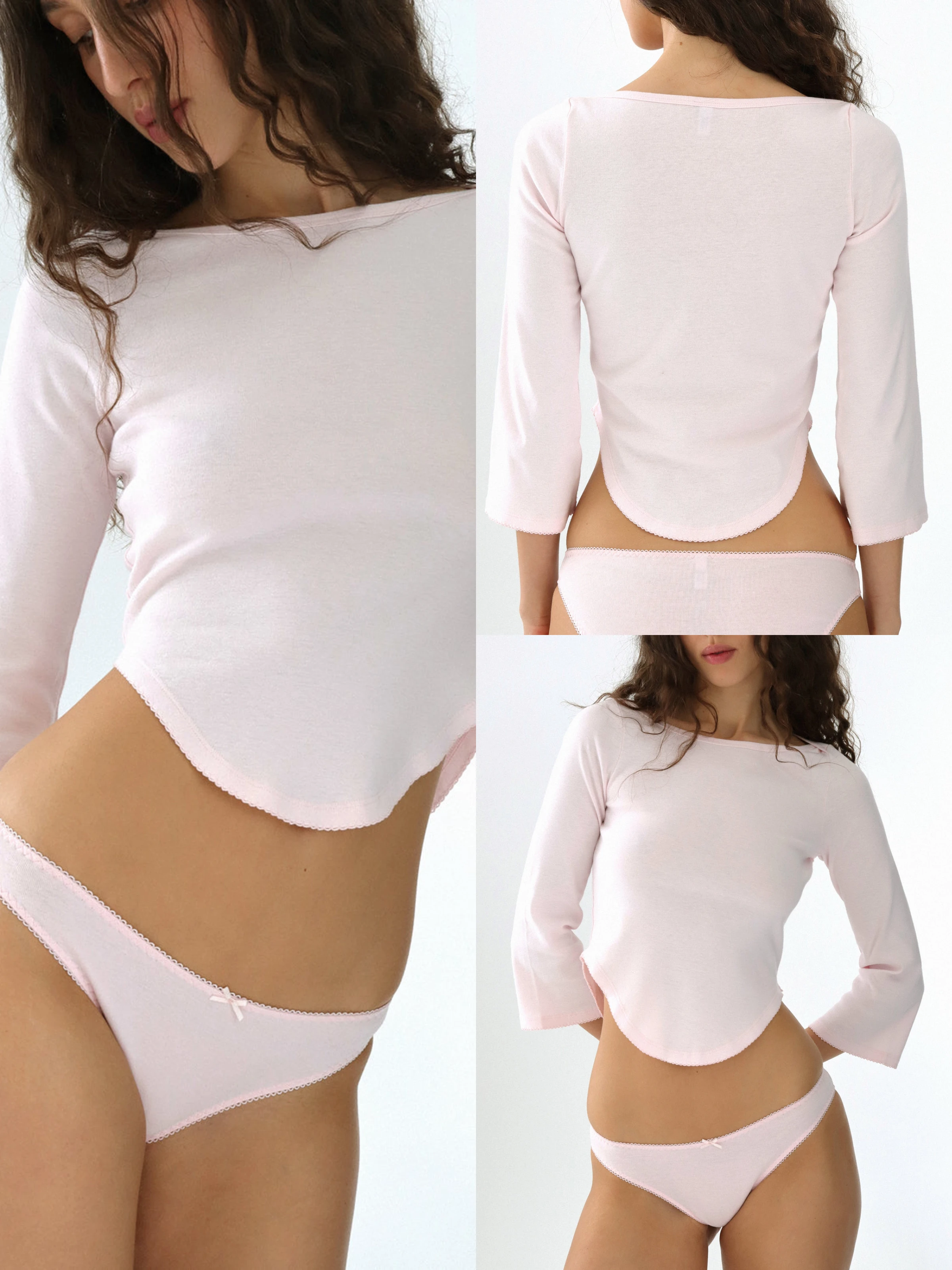 Cou Herbst Dreiviertelärmel Schwarz Rundhals Langarm T-Shirt V-förmiger Saum Design Graues Top Lässige Mode Weißes Top Spitzendesign Rosa Basishemd