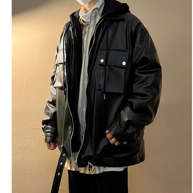 FENW Fake Two Piece Leather Jacket Men's Korean Chic High Street Multi Pocket Handsome Hooded Male Tops 2024 Autumn New 28W4513