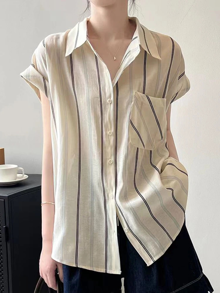 

Zoki Loose Women Striped Shirt Vintage Short Sleeve Casual Pocket Blouse French Retro Simple Female Summer Elegant Sweet Tops
