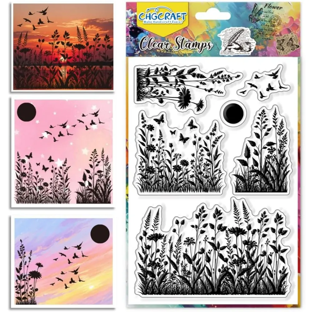 Sellos transparentes con patrón de flores silvestres, sello de silueta de pájaros y sol, 1 ud.