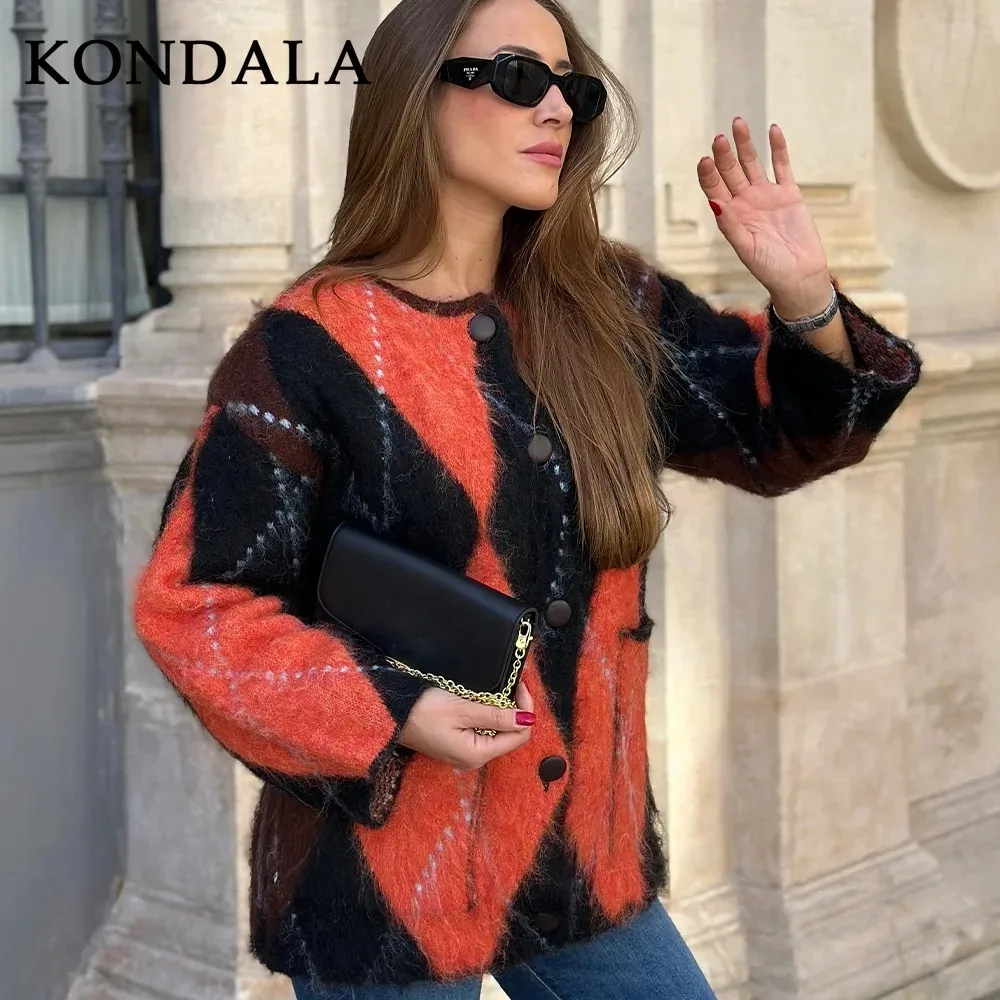 

KONDALA 2025 Fall Winter Vintage Knitted Women Jackets Fashion Streetwear Argyle Thick Warm Single Breasted O Neck Lady Sweater