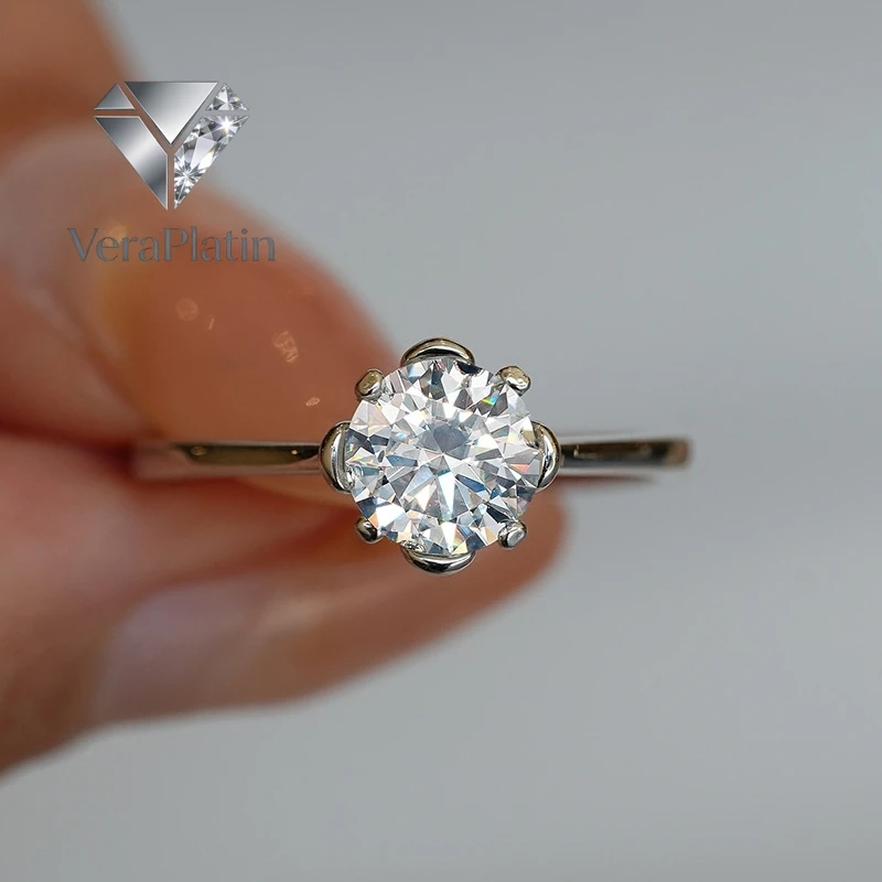 

VeraPlatin Valentine's Day 18K White Gold Women Rings 0.5CT Moissanite Diamond Girl Wedding Band PT950 Platinum Birthday Gift Fi