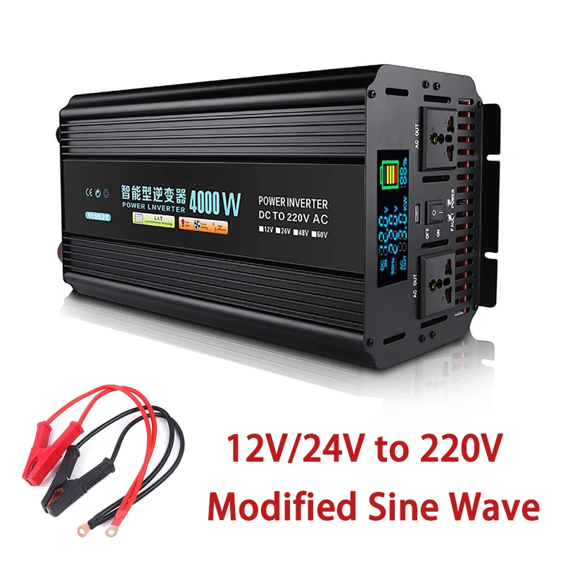 4000W Inverter DC 12V 24V To AC 220V Convertor Transformer Solar Double Socket LCD Display Modified Sine Wave Power Inverter