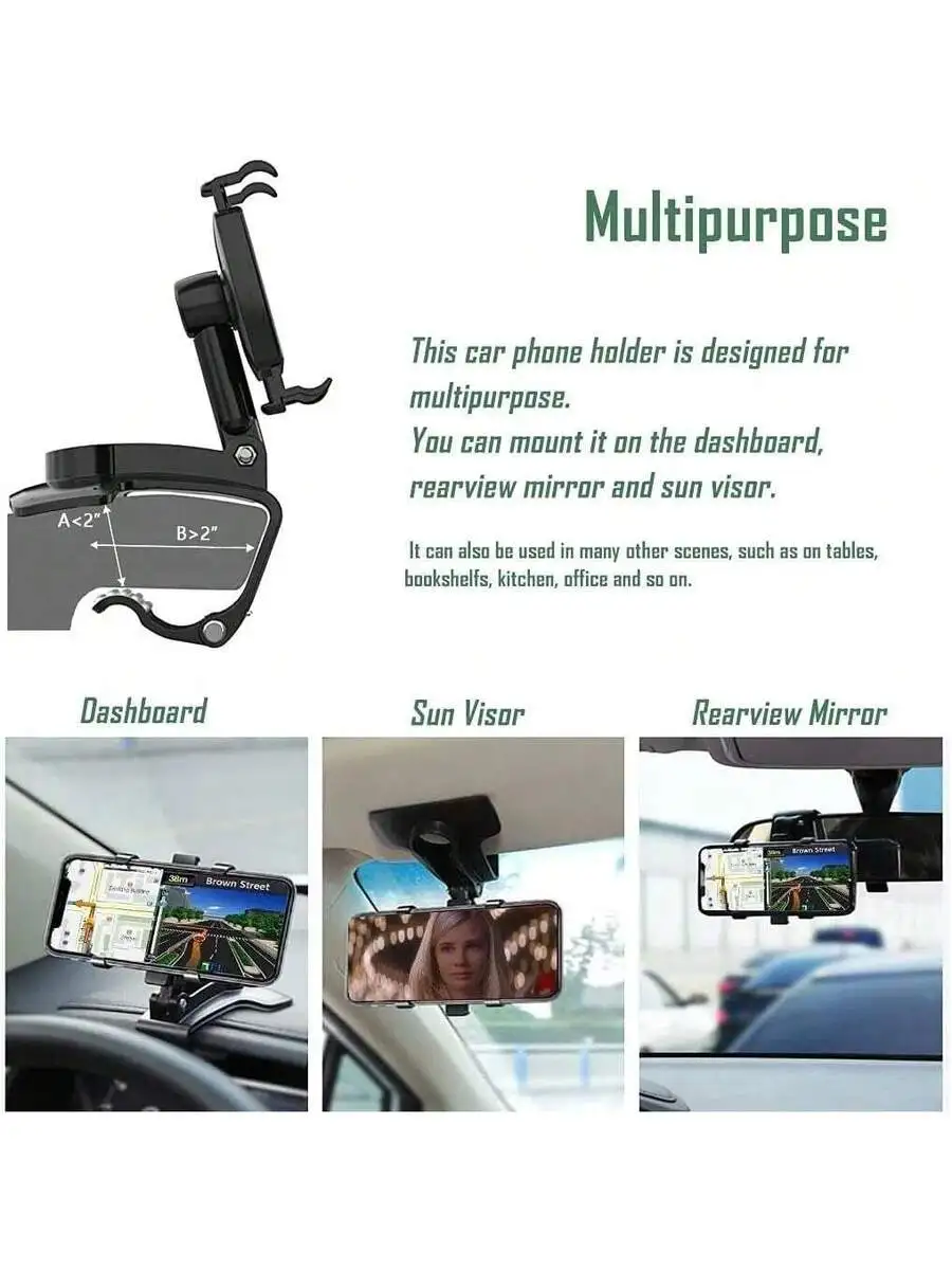 

Multi-Use 360° Rotating Car Phone Holder Clip For Dashboard, Sun Visor & Rearview Mirror—Universal Fit, Quick Install