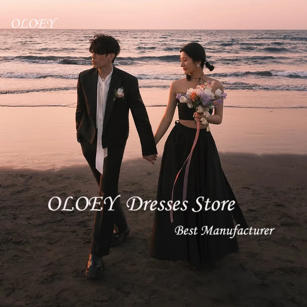 

OLOEY Simple Black A Line Korea Evening Dresses 2PCS Strapless Styles Floor length Wedding Customised Party Dress Plus Size