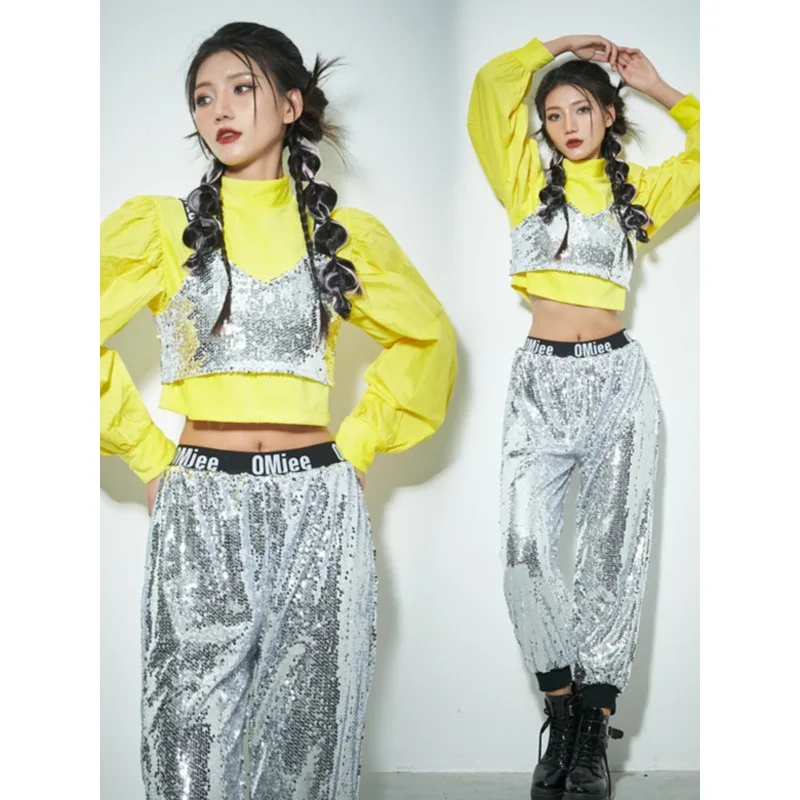 Giacca corta da ballo jazz di marca trendy Street Dance per ragazze in stile asiatico-americano, con paillettes per spettacoli.
