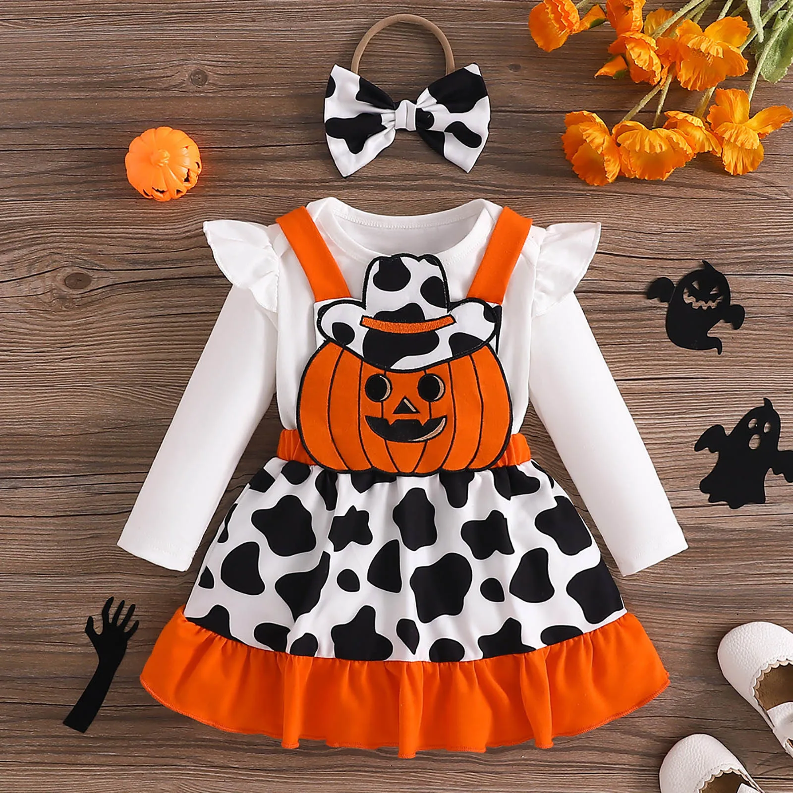 Baby Girls Halloween Clothes Cute Ghost Pumpkin Face Applique Suspender Dress with Rompers Headband Outfit Party Cosplay Costume