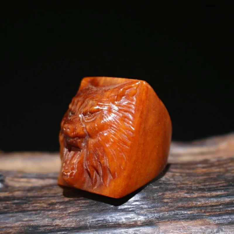 Tibetan Old Yak Bone Head for Men, Essential Wolf , Exquisitely Crafted, Highly Polished, Antique Collectible Ring