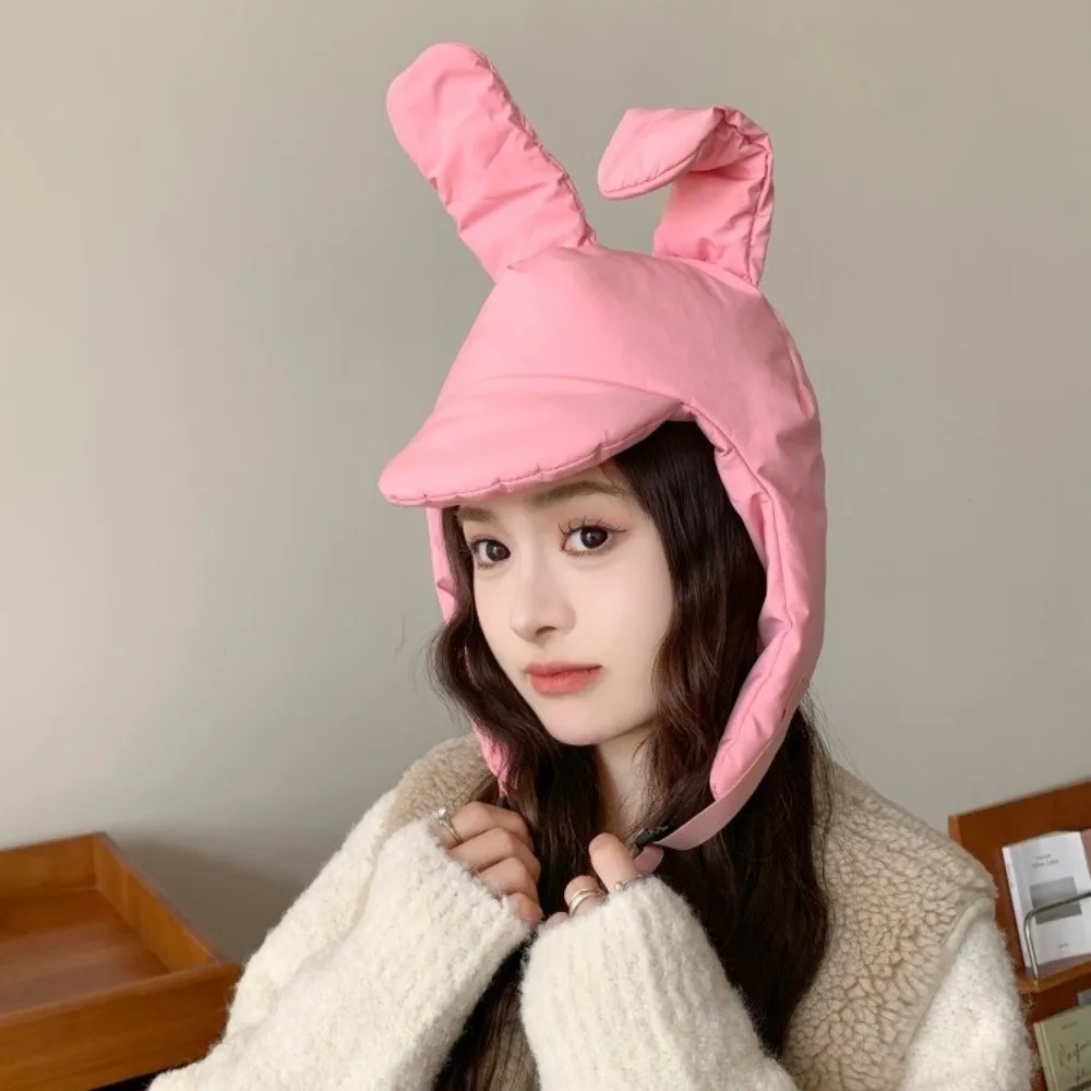 Fashion Windproof Rabbit Ear Padded Hat Adjustable Solid Color Pilot Hat Keep Warm Thickened Ear Protection Hat Winter