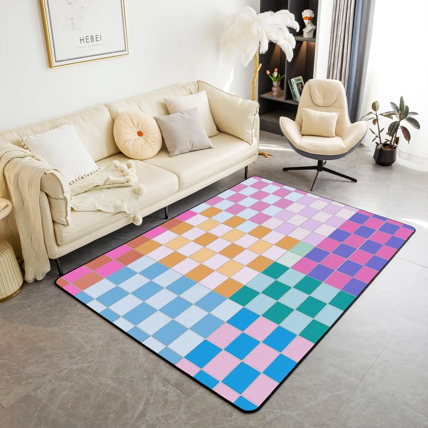 Colorful Checkered Carpet Rainbow Checkerboard Grid Area Rug Blue Pink Purple Ombre Plaid Indoor Floor Mat for Kids Boys Girls