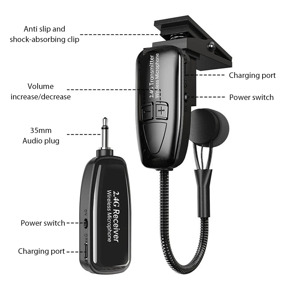 UHF 2.4G mikrofon saksofon nirkabel, sistem klip pada instrumen musik pemancar penerima nirkabel untuk terompet saksofon