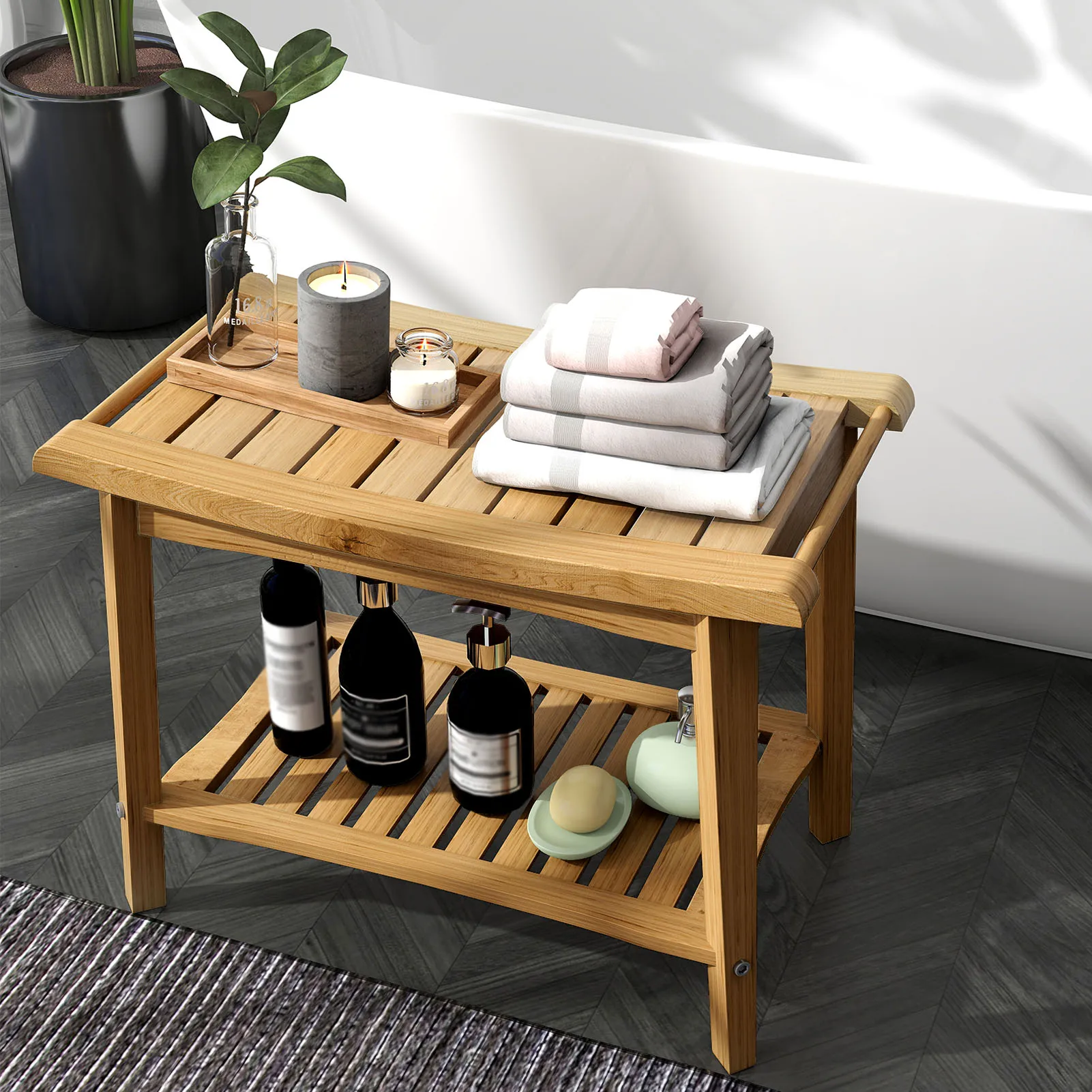 

Скамейка с полкой для хранения, скамейка для душа, деревянная водонепроницаемая эргономичная табуретка для душа с полкой для хранения для ванной комнаты, спа