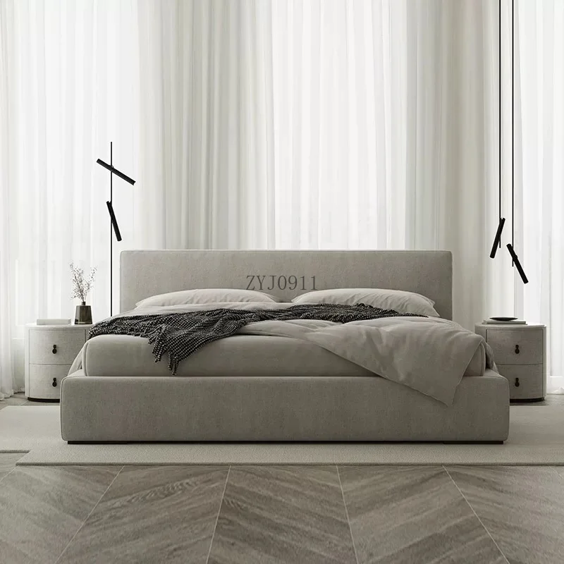Cama moderna estilo creme design tecido de madeira maciça móveis de quarto luxo grande hotel cama macia de veludo