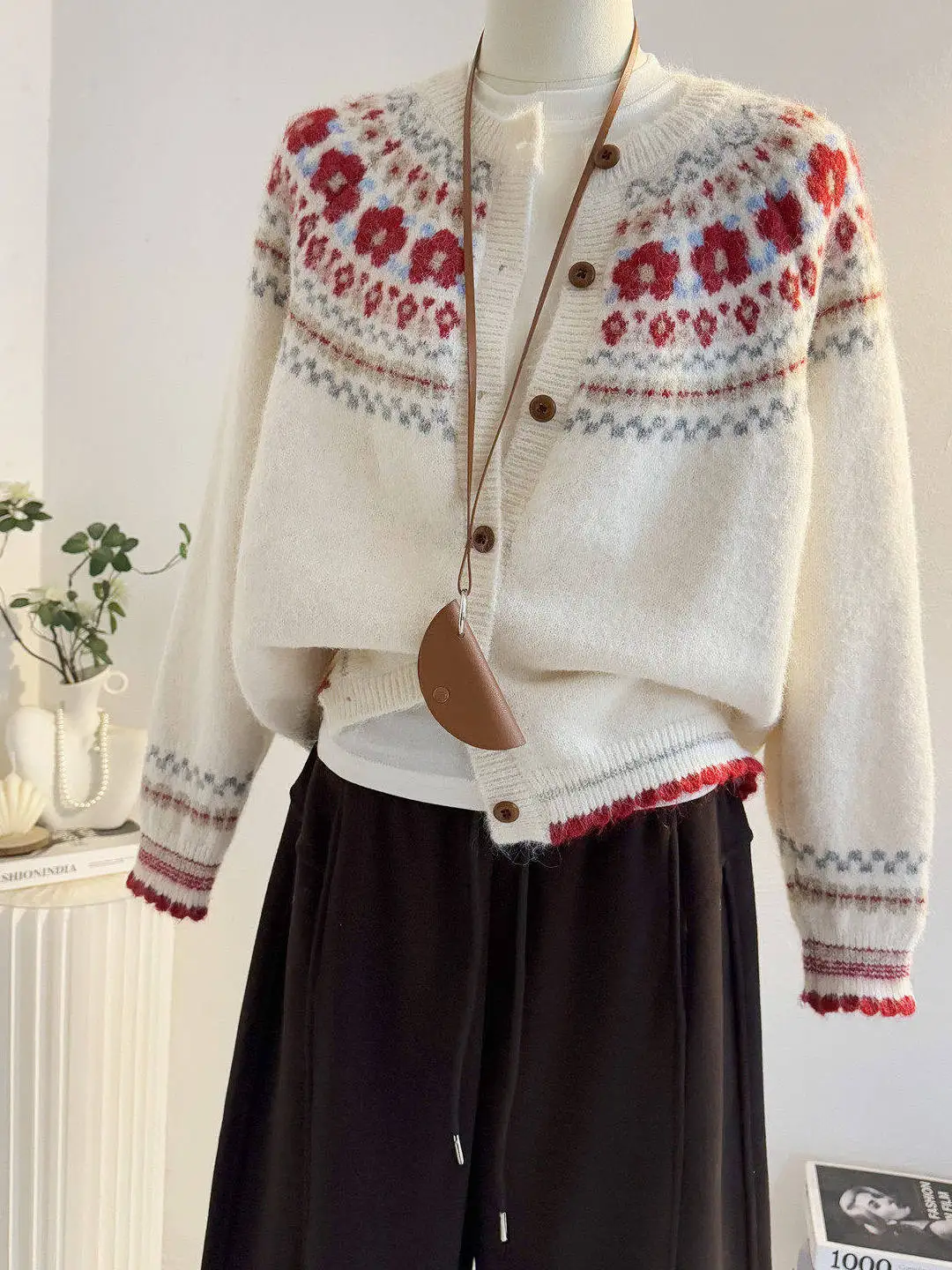 

Вязаный кардиган в стиле ретро Fair Isle для женщин, свободный крой, круглый вырез, мягкий и уютный, осенне-зимний, модный