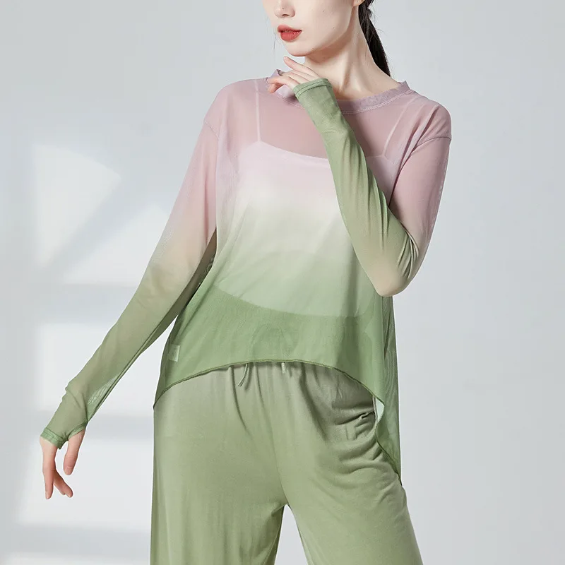 คลาสสิกเต้นรําผ้าพันคอElegantแยกส้อมการไล่ระดับสีตาข่ายจีนเต้นรําเสื้อผ้าผู้หญิง