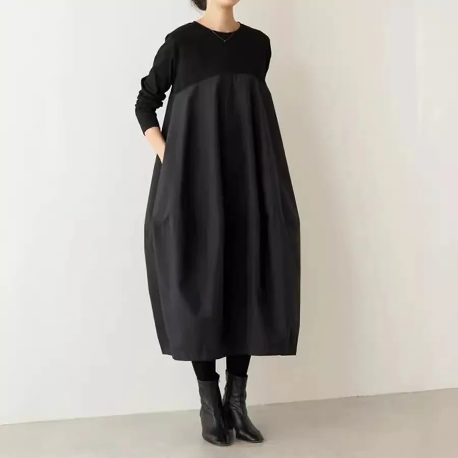 Długa sukienka dzianinowa na jesień i zimę z okrągłym dekoltem, rękawami patchworkowymi, maxi, w stylu koreańskim, codzienna moda damska, długa sukienka 2025