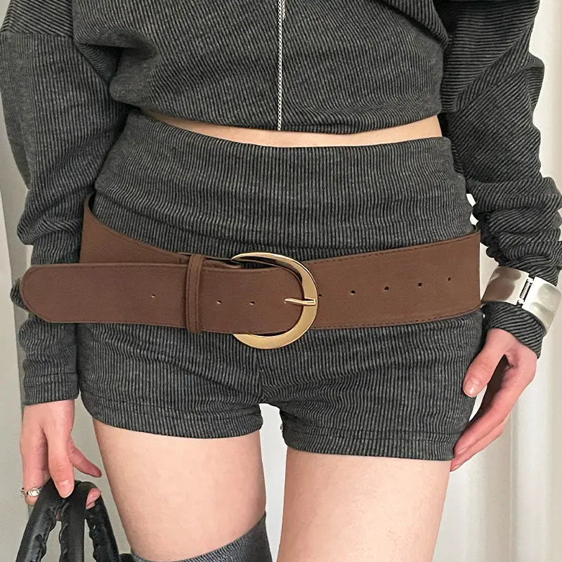Fashionable Wide Waist Belt Women's Brown Leather Accessory for Short Skirts Korean Style Spring Summer New Retro Style
