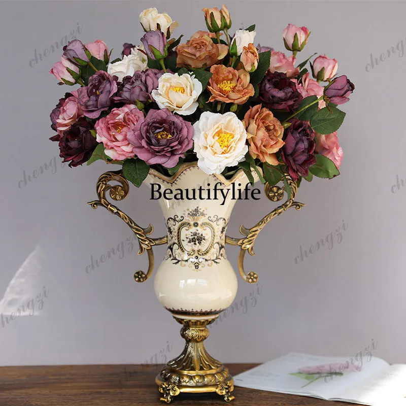 European retro high-footed binaural vase, American creativity, craft ornament, alloy ceramic large vase