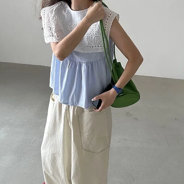 Embroidered Patchwork Front And Back Wearable Shirt Women\'s Regular Fit Inner Wear Summer Hollow out Style Casual Shirt