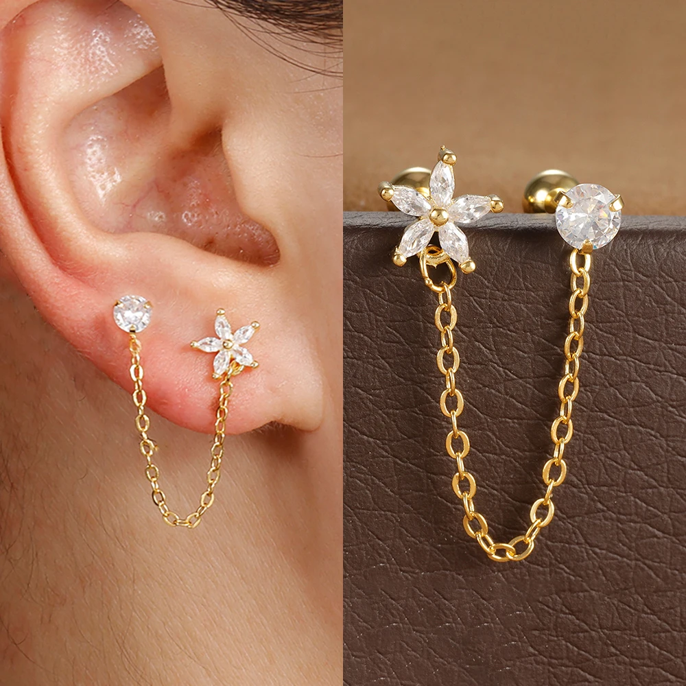 1PC Stainless Steel Double Hole Link Chain Square Ear Stud Earrings for Women Gold Color Flower Cartilage Piercing Jewelry