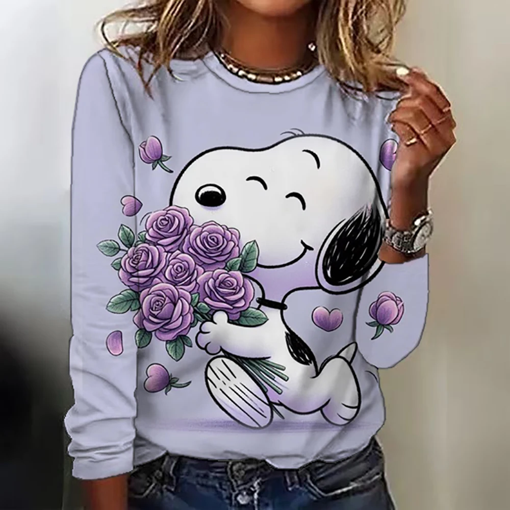 Kawaii Cartoon Women\'s T-shirt Cute Snoopy Round Neck Long Sleeve T-shirt Fashion Printed Large Casual T-shirt Autumn