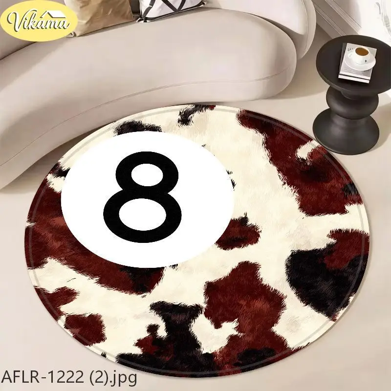 VIKAMA Circle Rug Brown White Cow Print 8 Ball Pattern Soft Non Slip For Living Room Bedroom Gaming Room Decor