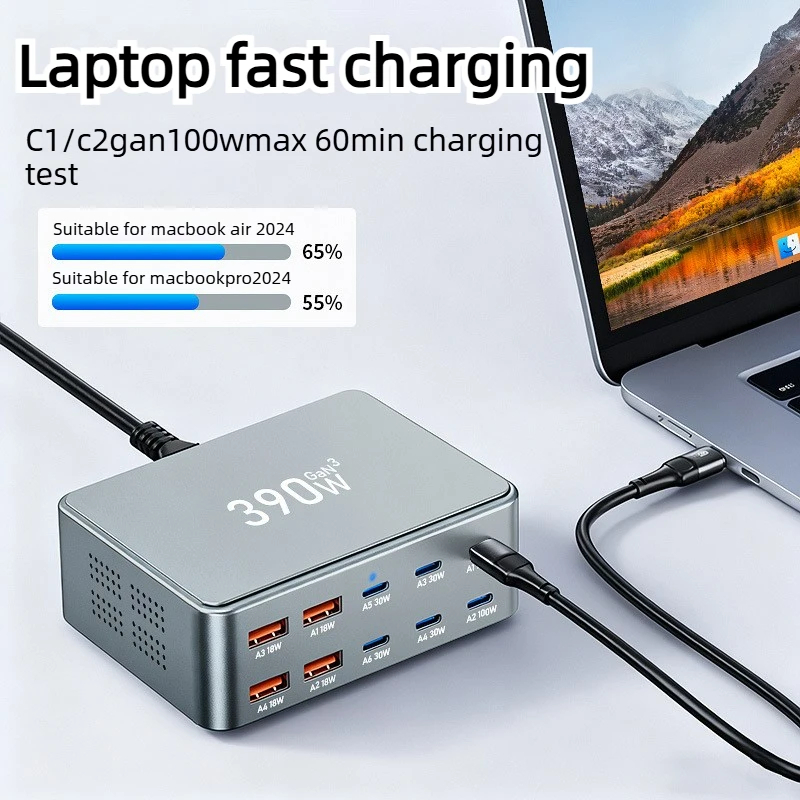 390W USB GaN Charger 100W PD3.0 PPS QC3.0 Type C Multiport Aluminum Alloy Fast Charging Station For Laptop Phone Samsung Tablet