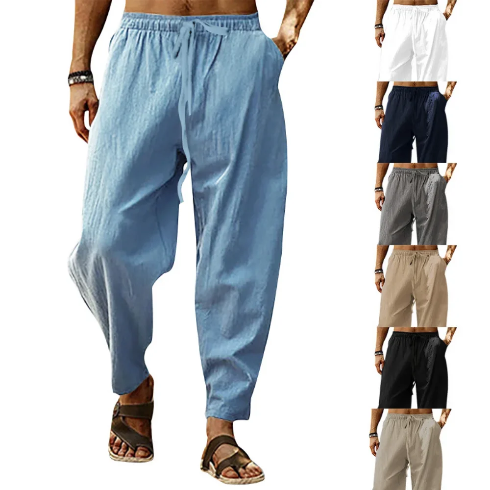 Summer New  Men\'s Breathable Pants Cotton and Linen Male Solid Color Mens Versatile BasicTrousers Loose Fitness Causal Plus Size