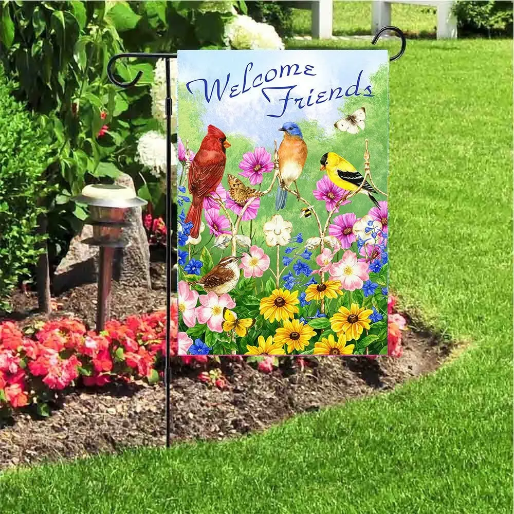 Welcome Friends Birds Flowers Butterfly House Flag Garden Banner Summer Spring Daisy Hummingbirds Garden Flags for Yard Decor