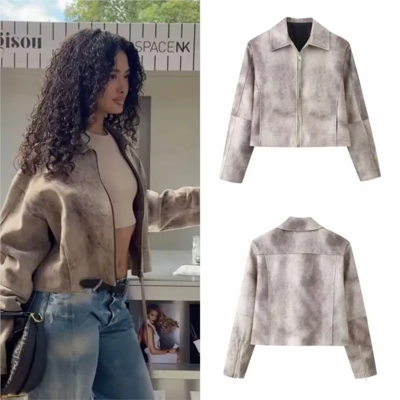 

Spring Autumn Women Tie Dye Jacket Casual Turn Down Collar Pocket Long Sleeve Zipper Lady Jacket Female Chic Tops