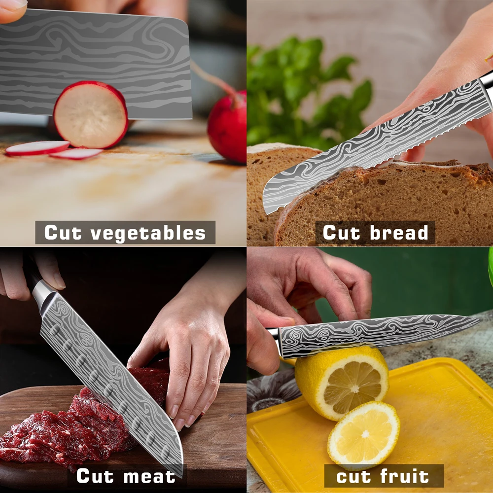 ZENG Küchenmesser-Set mit Lasermuster, Kochmesser, ultrascharfes Santoku-Schneidemesser, ergonomischer Holzgriff in Farbe, Kochmesser – Detail 12