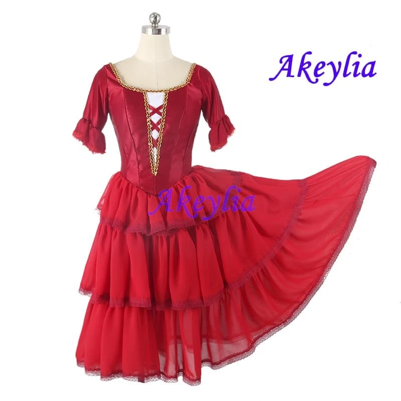 Vestido de balé estilo espanhol, saia de desempenho de competição profissional, don quixote, 3 camadas de chiffon vermelho mancha para menina jnbl203