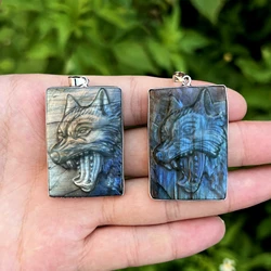 1PC Hand Carved Natural Flash Labradorite Quartz Moonstone Wolf Head Pendant MY240703