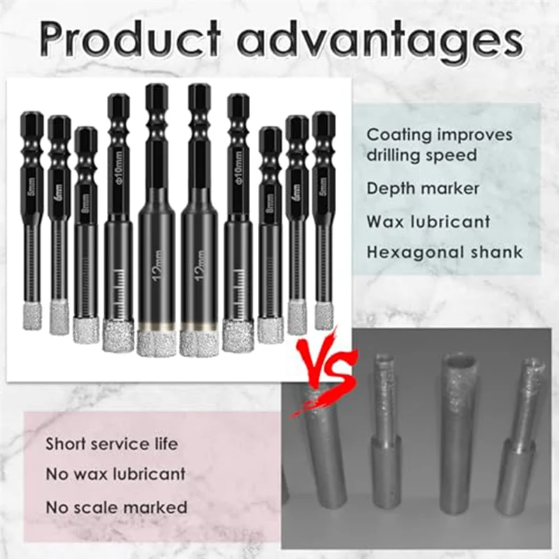 

【Popular】10 PCS Dry Diamond Drill Bits Set For Granite Marble Glass 3/16Inch 1/4Inch 5/16Inch 3/8Inch 1/2Inch Black
