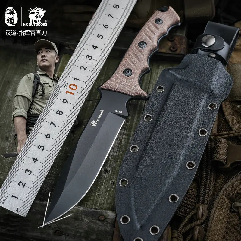 HX OUTDOORS Commander DC53 Camping Knife,Straight Hunting Rescue Survival Knives Flax Handle With Kydex ,Pacific Green Flat Hat