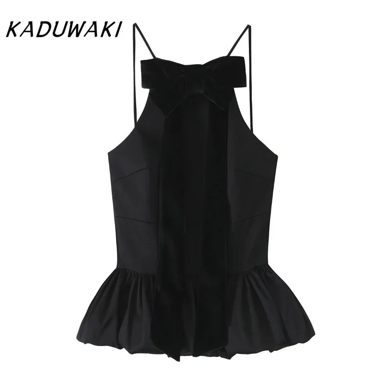 KADUWAKI Retro Autumn New Women's Clothing Style Fashion European and American Bow Decoration Balloon Version Camis 민소매 티 여성