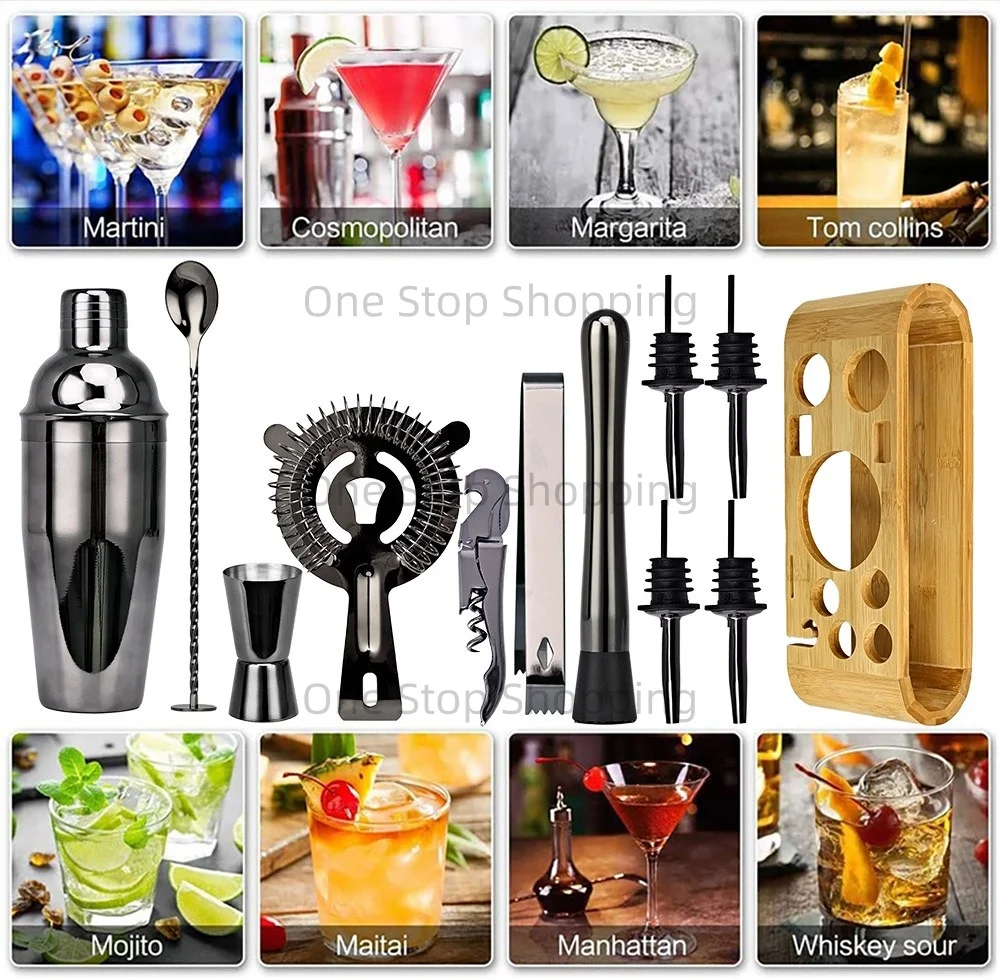12PCS Cocktail Shaker Set Barkeeper Kit Bar Set Bambus Ständer Matini Shaker Rührlöffel Muddler Jigger Cocksrew für Barware Set – Detail 5