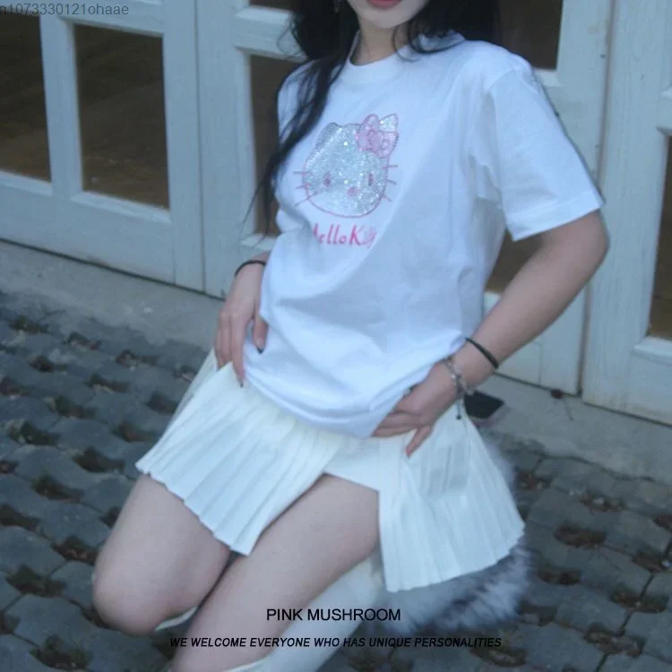 Sanrio Hello Kitty Cartoon Rhinestone Short Sleeve Tshirts Women Fashion Streetwear Loose Tee Shirt Girl Top Gift for Girlfriend