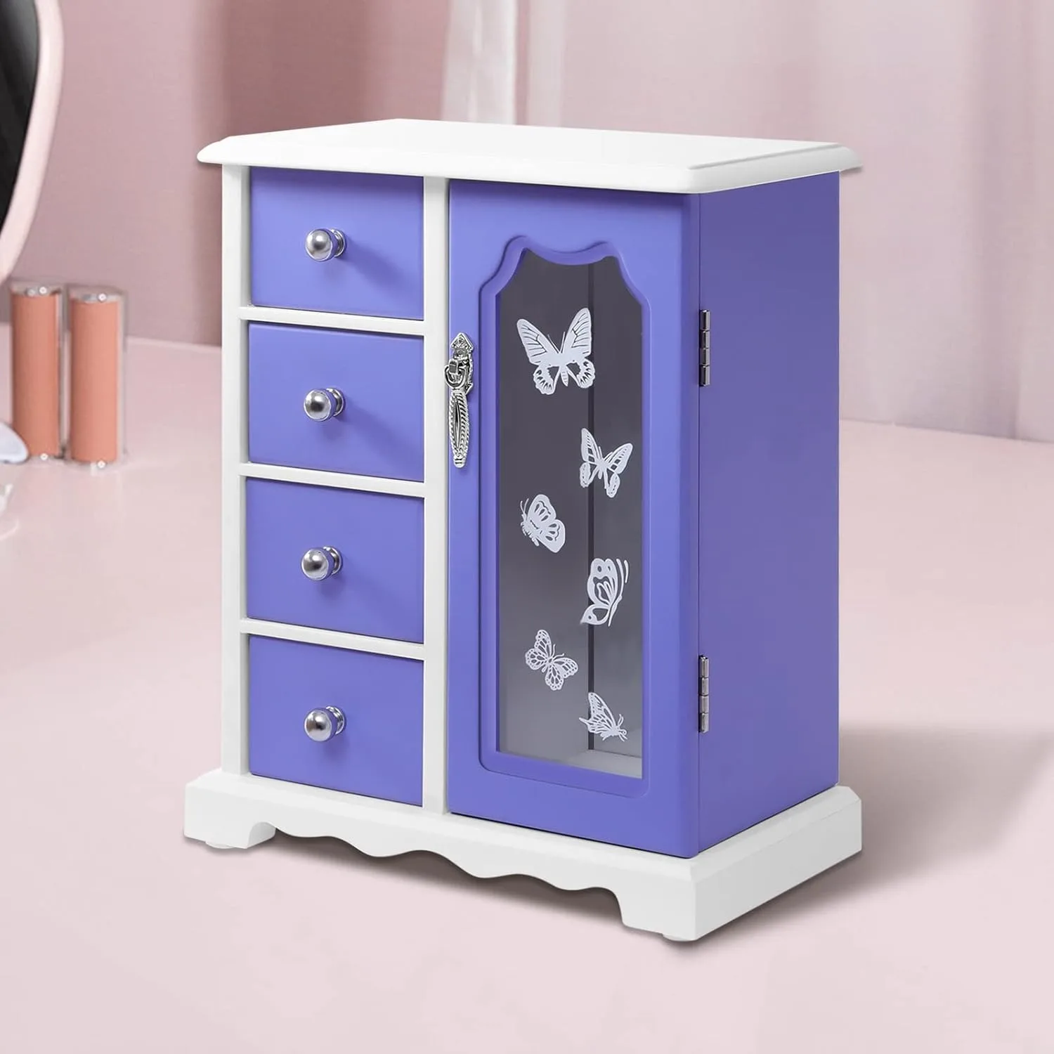 4 Tier Jewelry Box White Wooden Jewelry Organizer Girls Women Jewelry Storage Case with Drawers, Necklace Carousel and Big Mirror for Storage Necklaces Bracelets Rings Earrings Gift