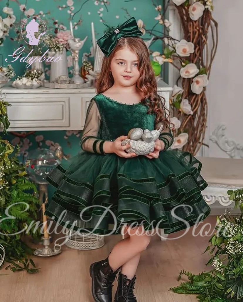 Vestido de flores de terciopelo verde personalizado para niña, hasta la rodilla vestido de boda, volantes de satén hinchados, cumpleaños de niños, vestido de baile de primera comunión