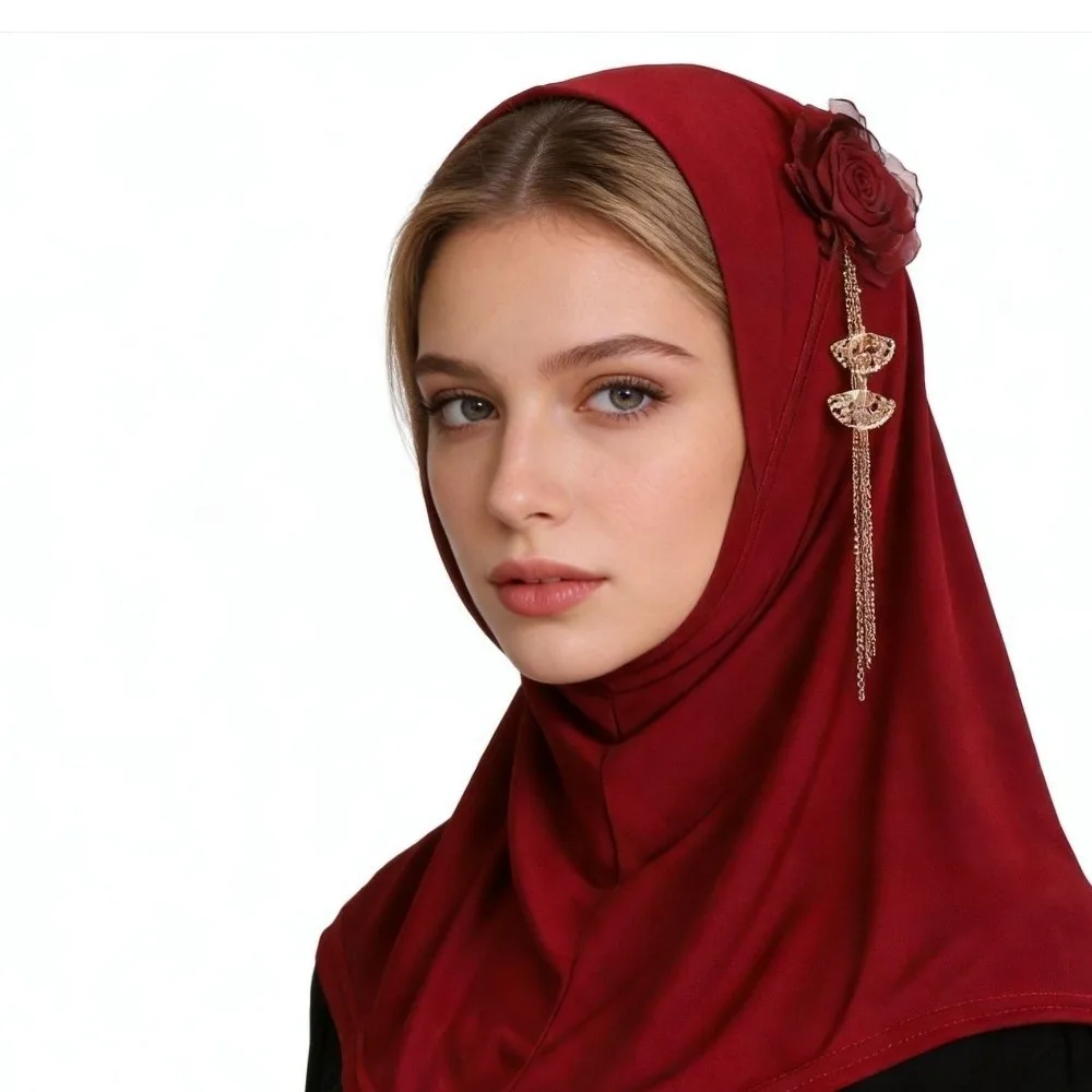 Exquisite Round Edge 3D Flower Tassel Hijab Stretch High-Elasticity Head Wrap Solid Color Lightweight Head Scarf Daily Prayer
