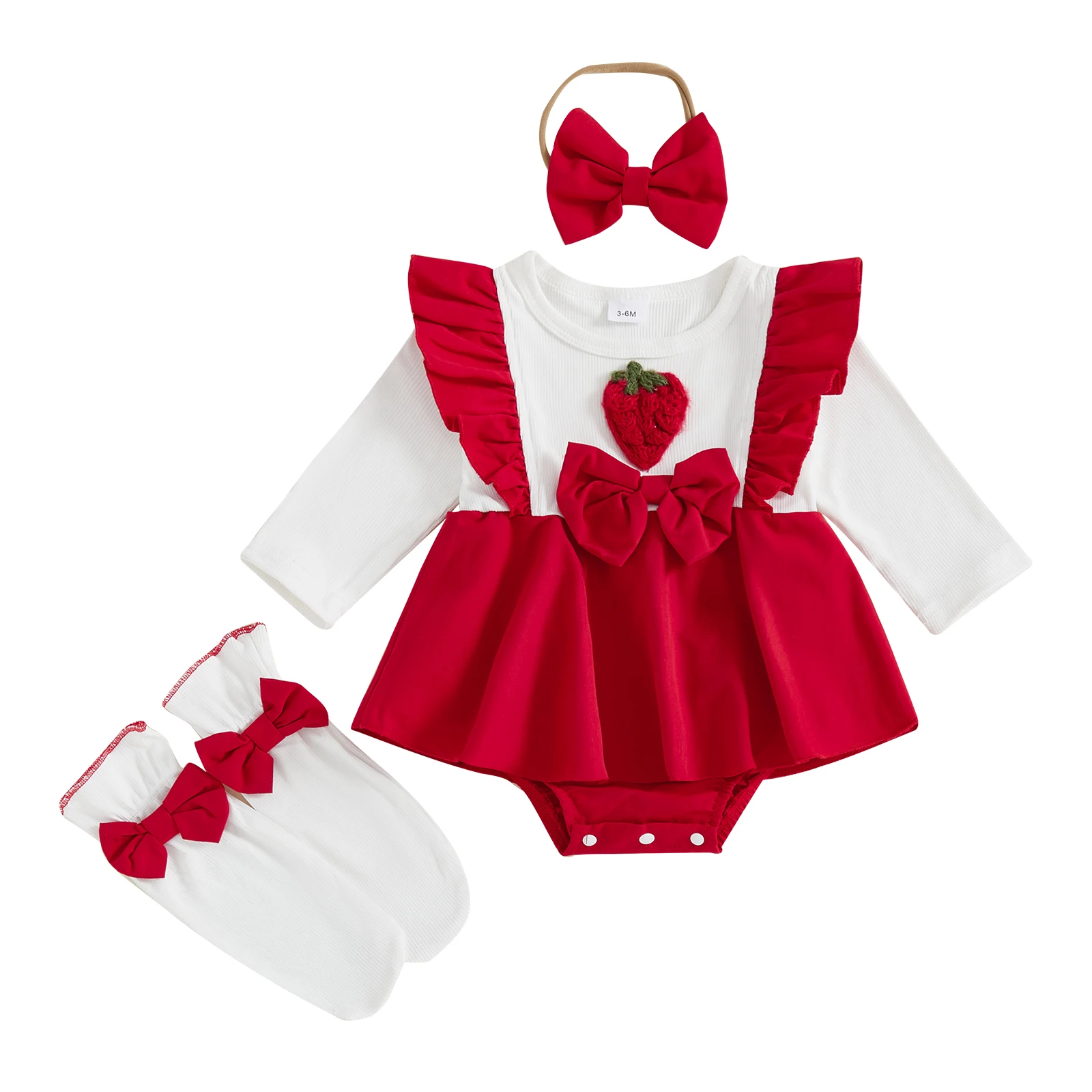 

Baby Girl Fall Outfit Crochet Strawberry Long Sleeve Romper Dress Bow Headband Long Socks Set