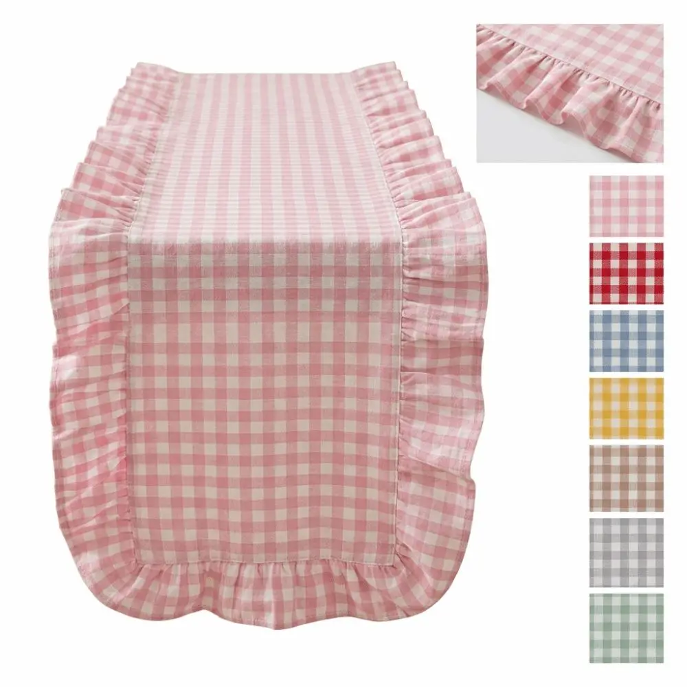 Washed Cotton Table Runner Gingham Check Ruffle Edge Runner Washed Cotton Ruffle Soft Rectangular Table Scarf Farmhouse Decor