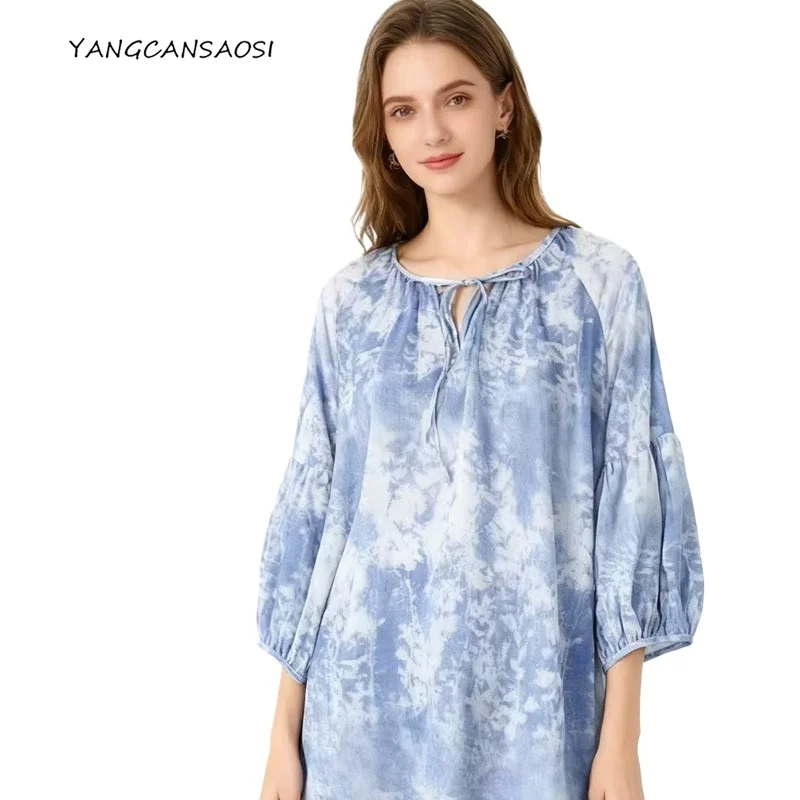 

Женская повседневная одежда Tie Dye с синим принтом, крутая футболка из 100% натурального шелка шелковицы, крепдешин, с круглым вырезом и рукавами-фонариками