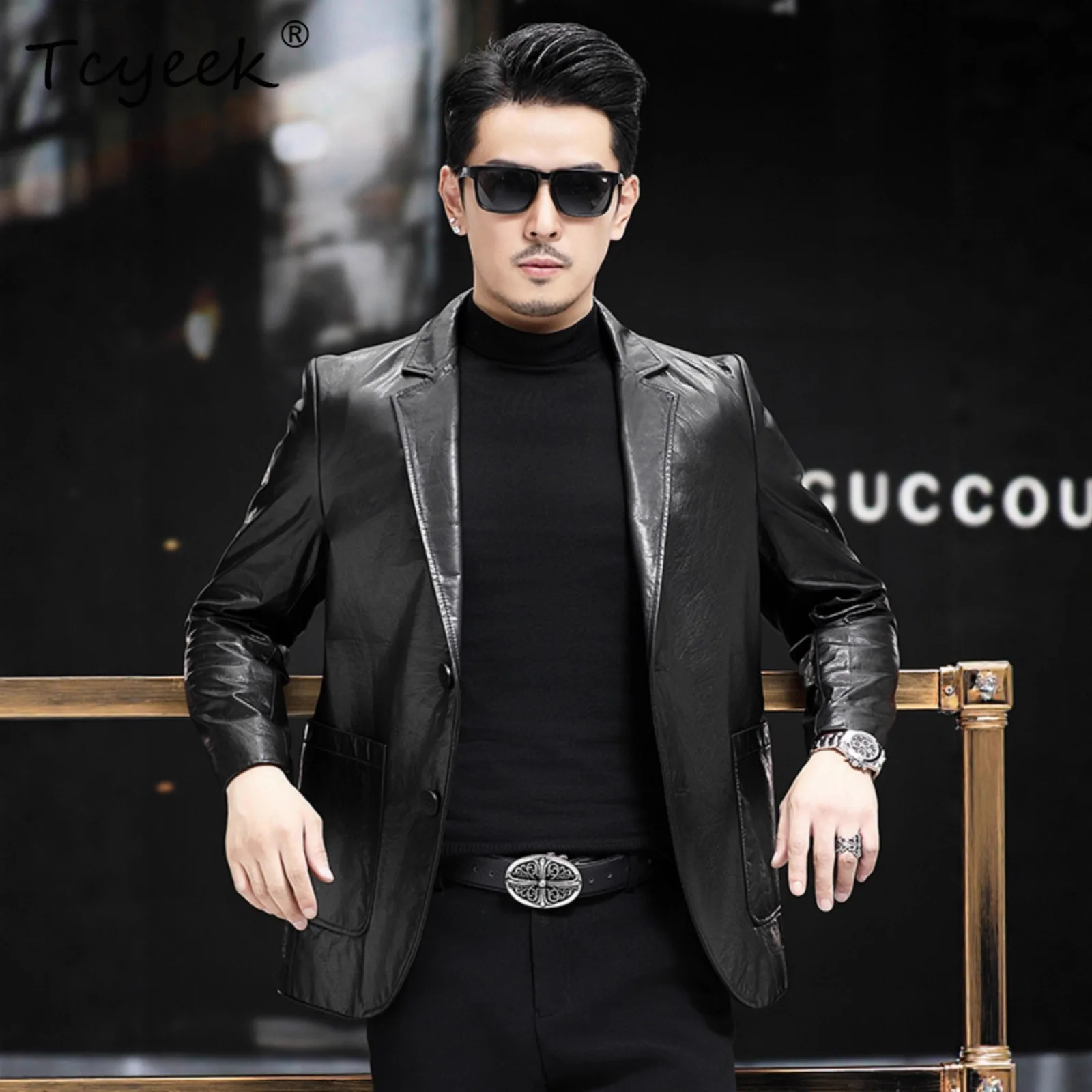

Tcyeek Top Layer Cowhide Genuine Leather Jacket Men Autumn Mens Clothes New in Coats Business Casual Suit Coat Jaqueta De Couro